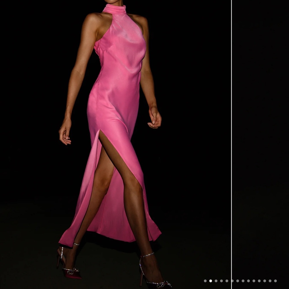 NEW without Tag | Satin Drape Back Maxi Dress with Split | Pink | Size S